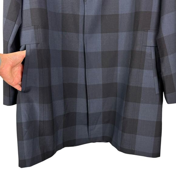 GXG Mens Navy Black Checkered Plaid Long Length Lightweight Coat w Pockets - Picture 5 of 10